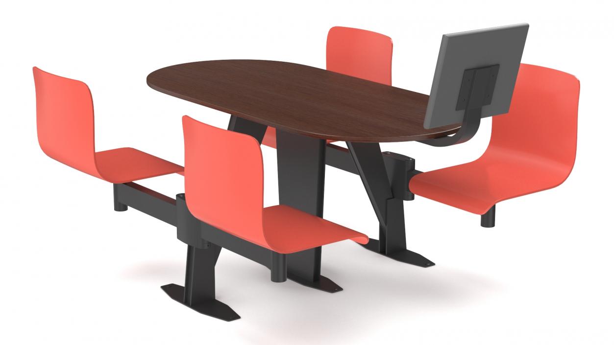 3D model Oval Brown Bowling Table with Red Chairs