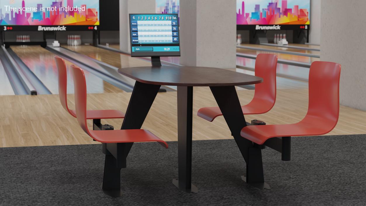 3D model Oval Brown Bowling Table with Red Chairs