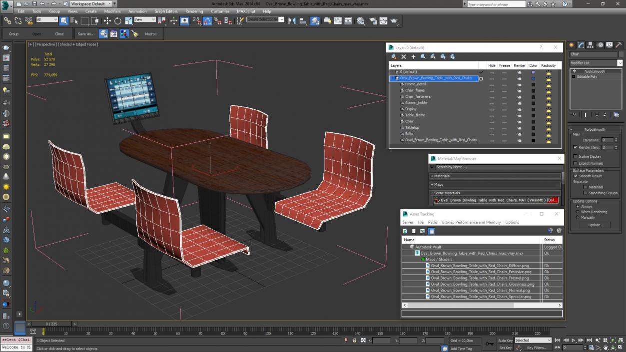 3D model Oval Brown Bowling Table with Red Chairs
