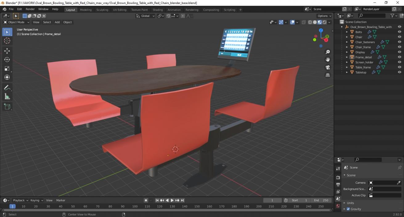 3D model Oval Brown Bowling Table with Red Chairs