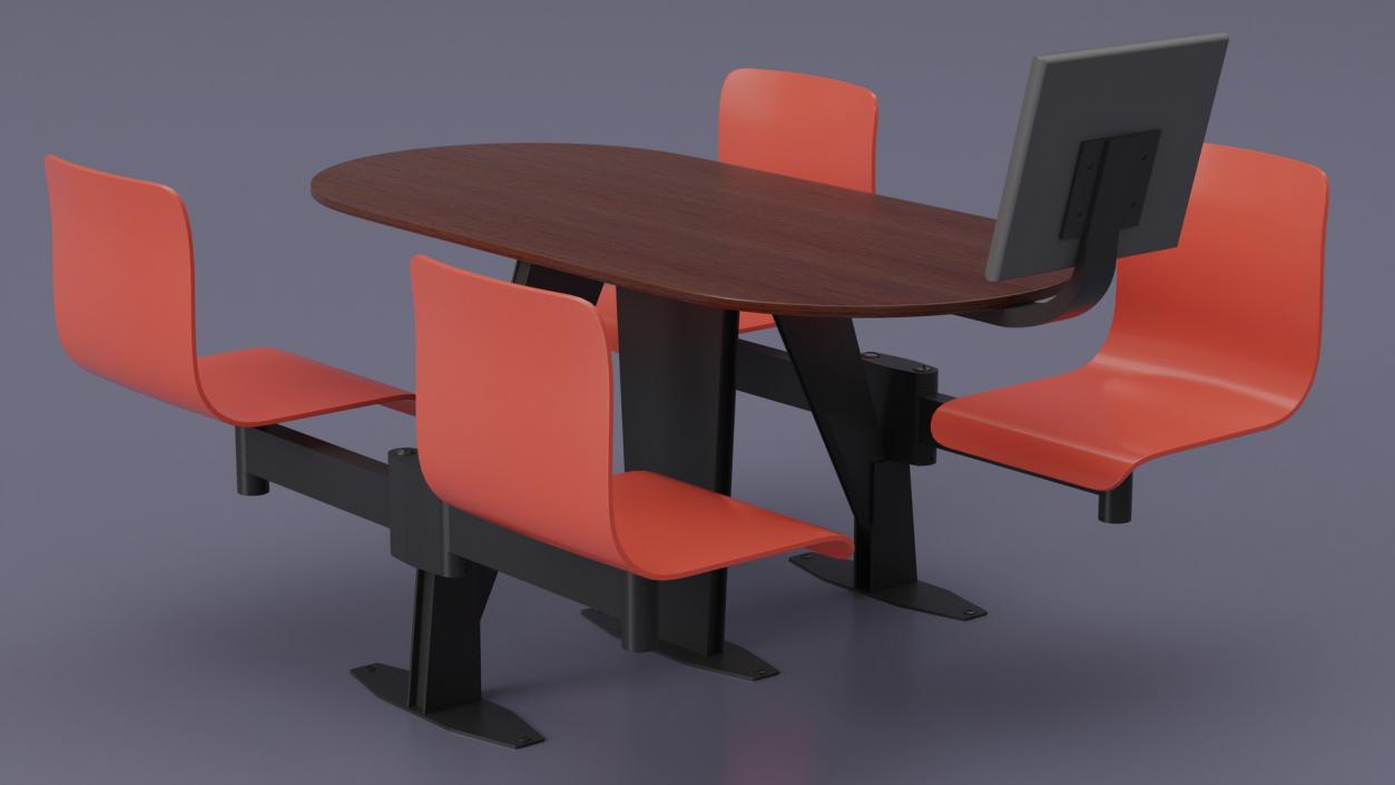 3D model Oval Brown Bowling Table with Red Chairs