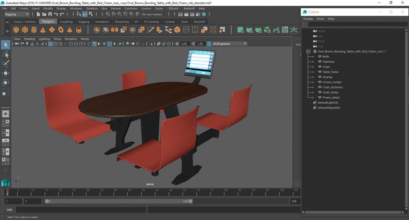 3D model Oval Brown Bowling Table with Red Chairs