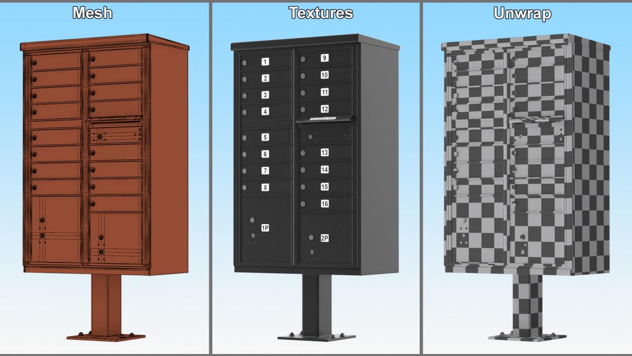 3D Black Sixteen Door Parcel Cluster Mailbox