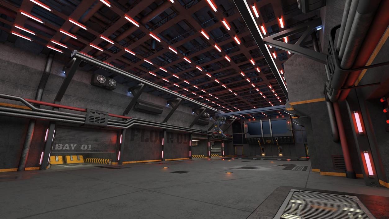 3D Sci Fi Hangar Interior Red Lights model