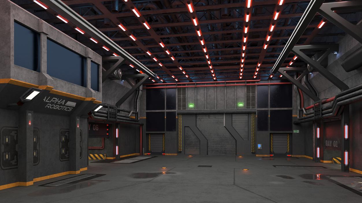 3D Sci Fi Hangar Interior Red Lights model