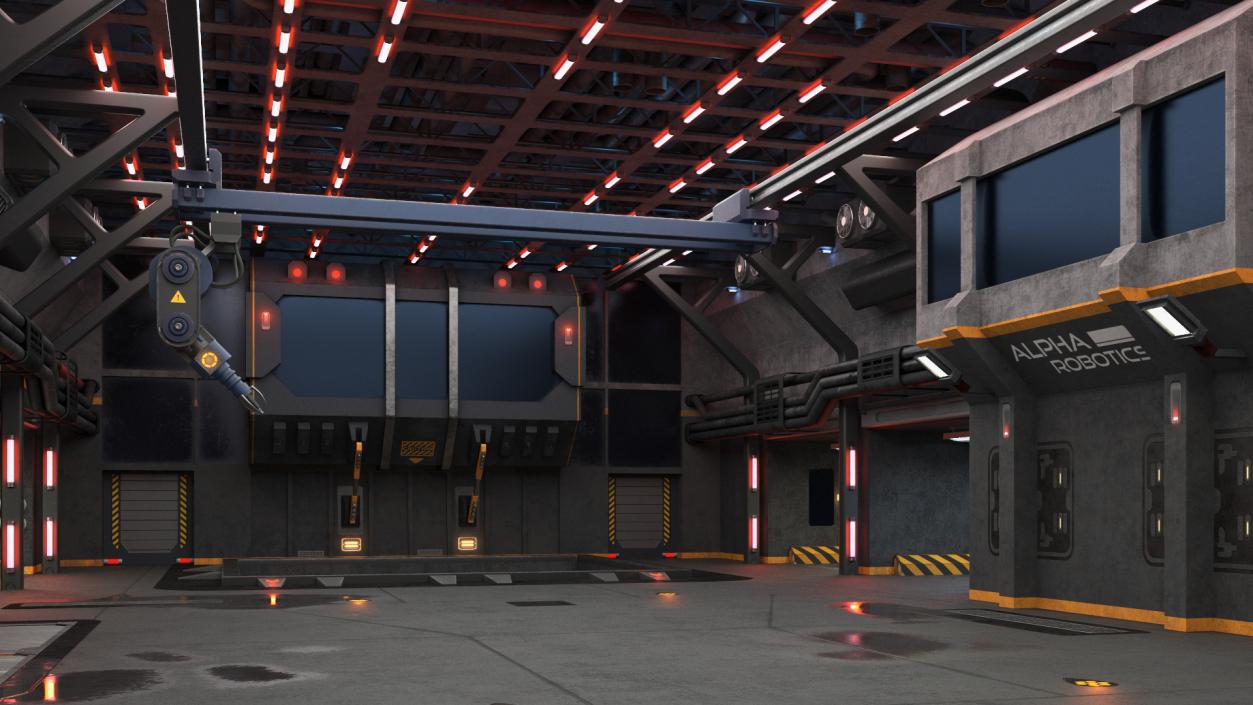 3D Sci Fi Hangar Interior Red Lights model