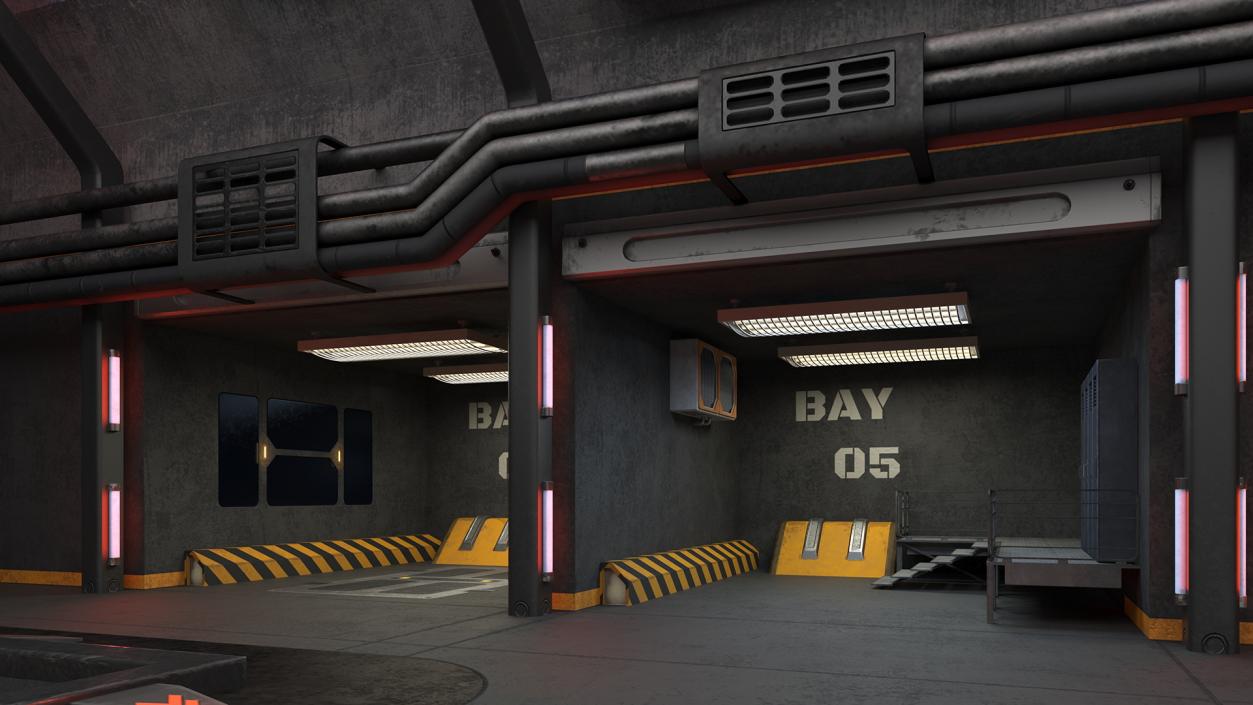 3D Sci Fi Hangar Interior Red Lights model