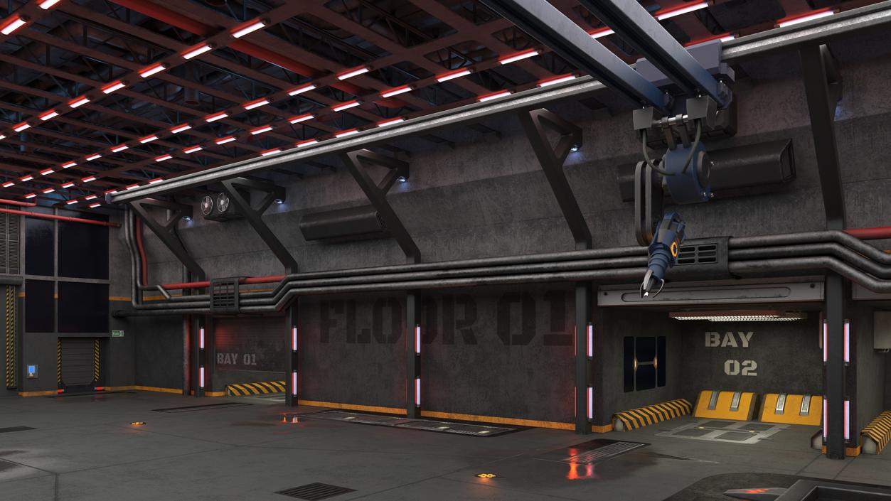 3D Sci Fi Hangar Interior Red Lights model