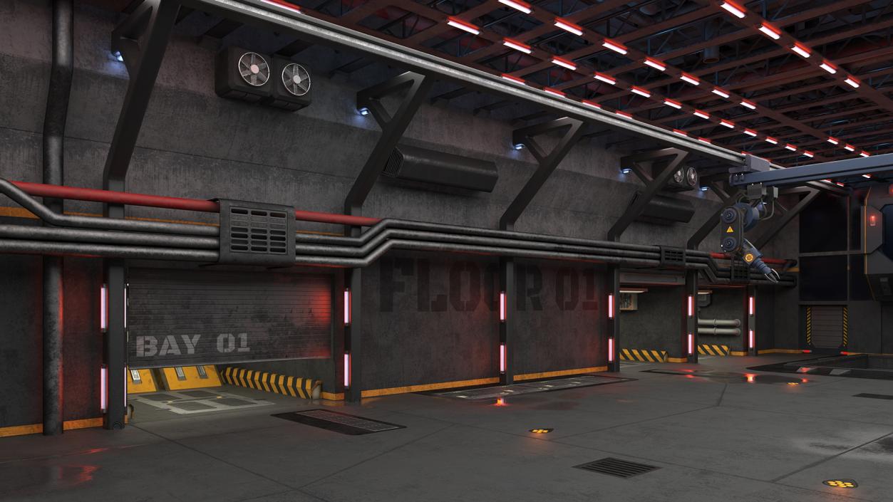 3D Sci Fi Hangar Interior Red Lights model