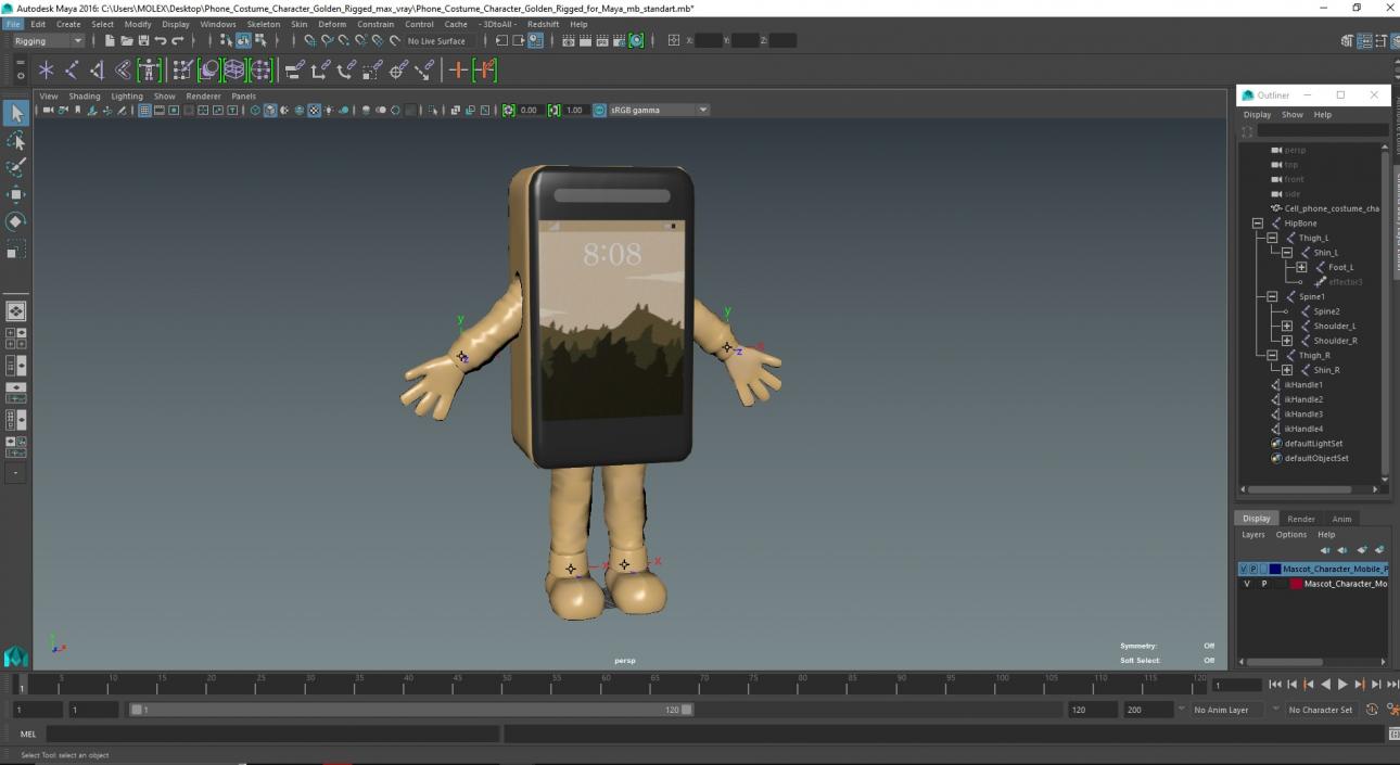 3D Phone Costume Character Golden Rigged for Maya