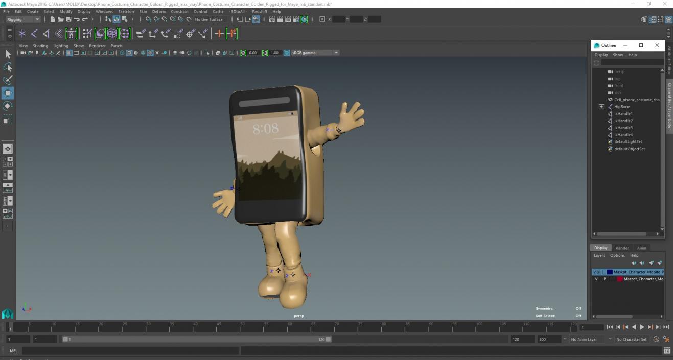 3D Phone Costume Character Golden Rigged for Maya