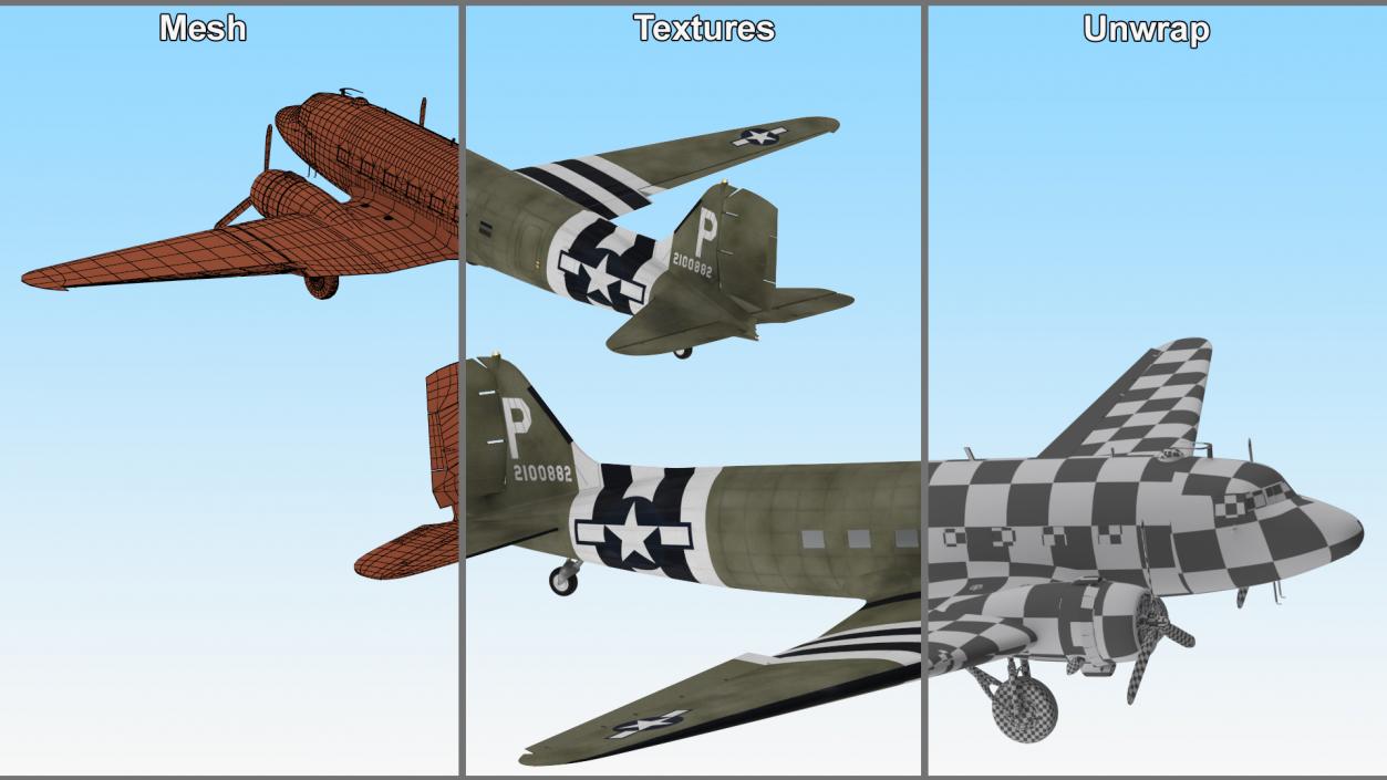 3D WWII Douglas C-47 Skytrain Rigged model