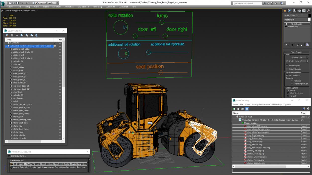 Articulated Tandem Vibratory Road Roller Rigged 3D