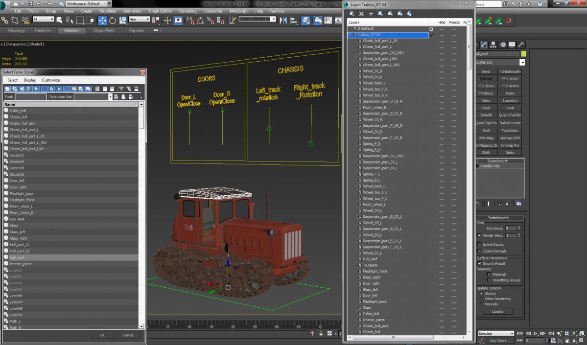 3D Old Soviet Crawler Tractor DT54 Rigged model