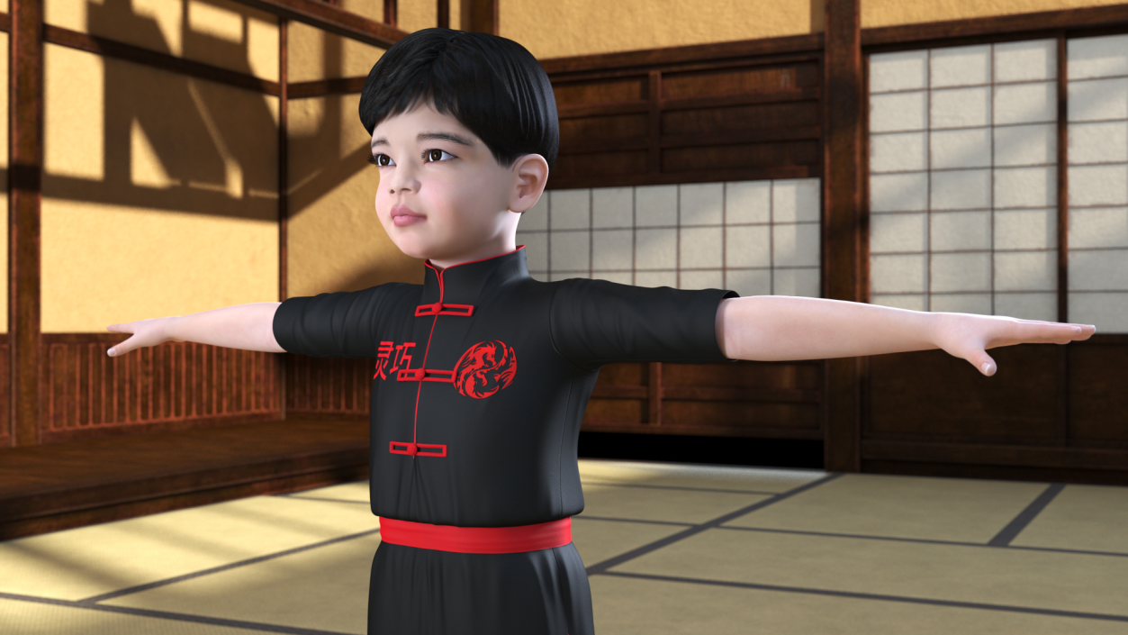 3D model Asian Child Boy Kung Fu Pose T-pose