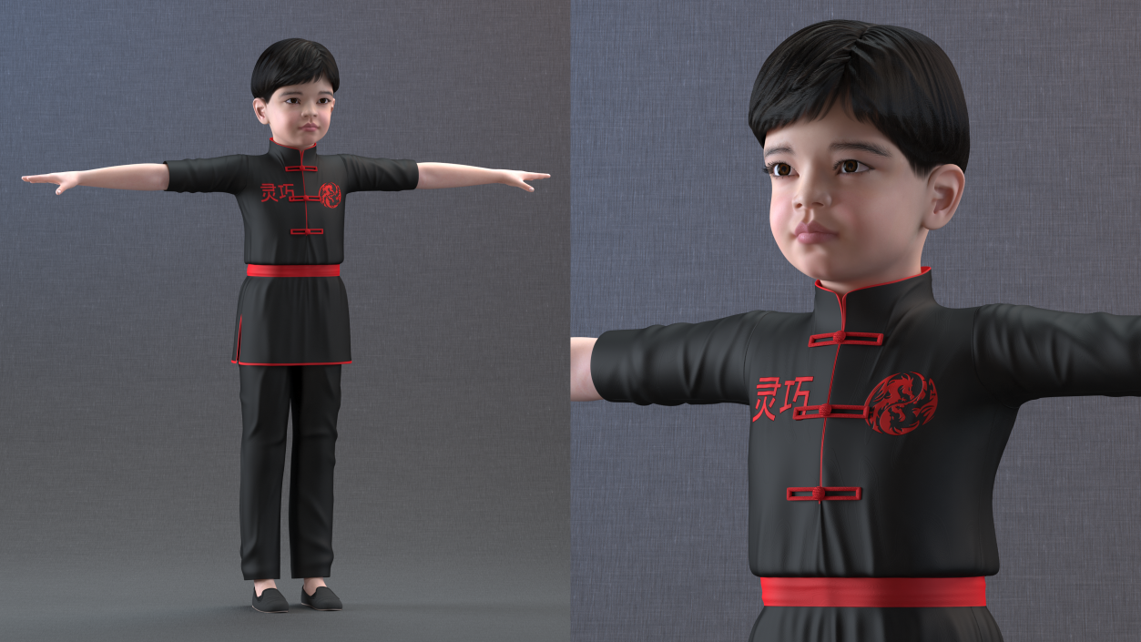 3D model Asian Child Boy Kung Fu Pose T-pose