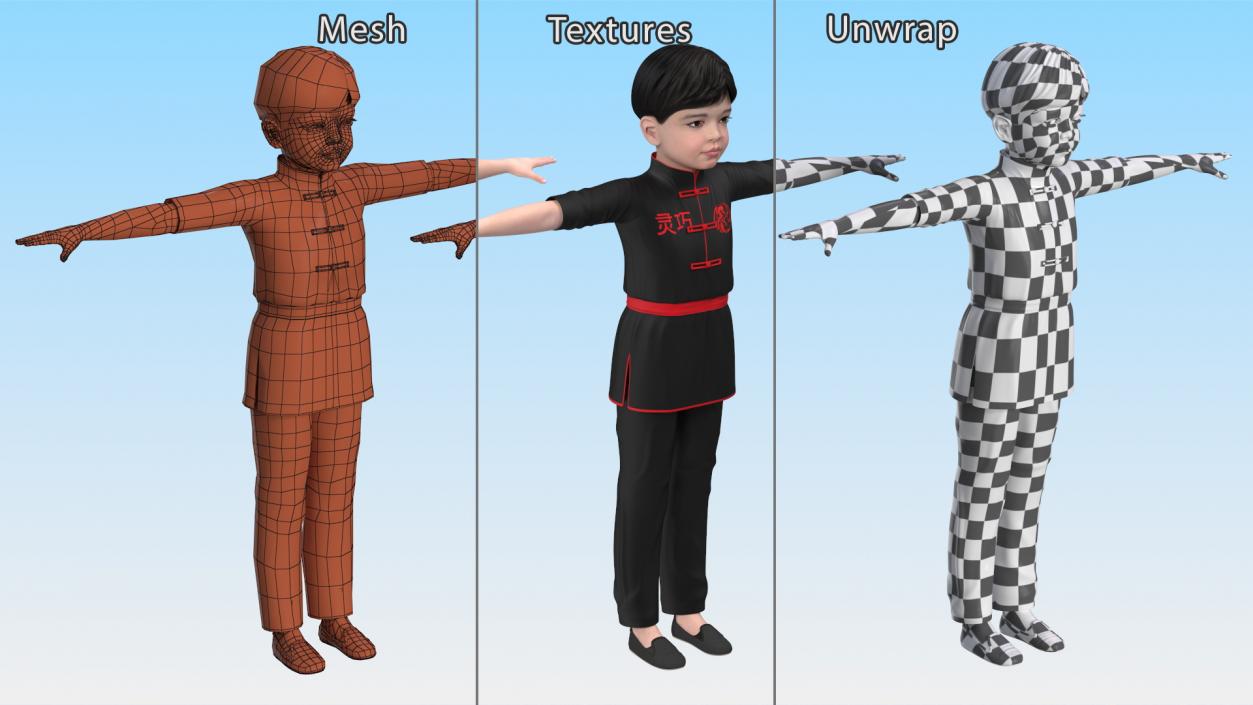 3D model Asian Child Boy Kung Fu Pose T-pose