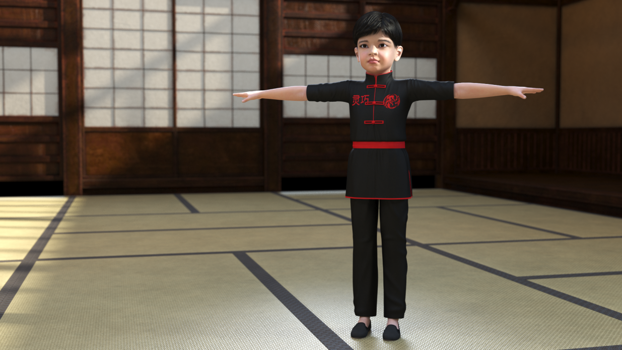 3D model Asian Child Boy Kung Fu Pose T-pose