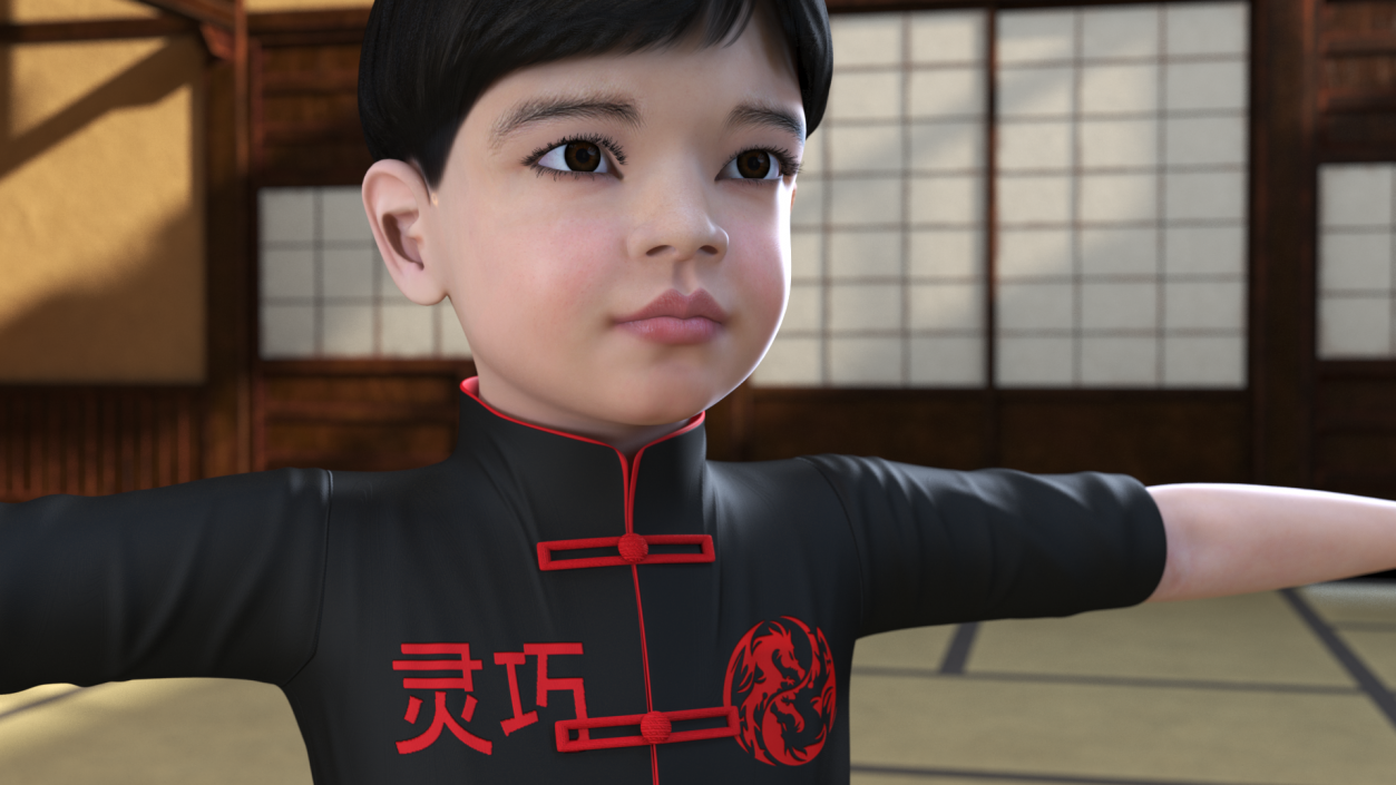 3D model Asian Child Boy Kung Fu Pose T-pose