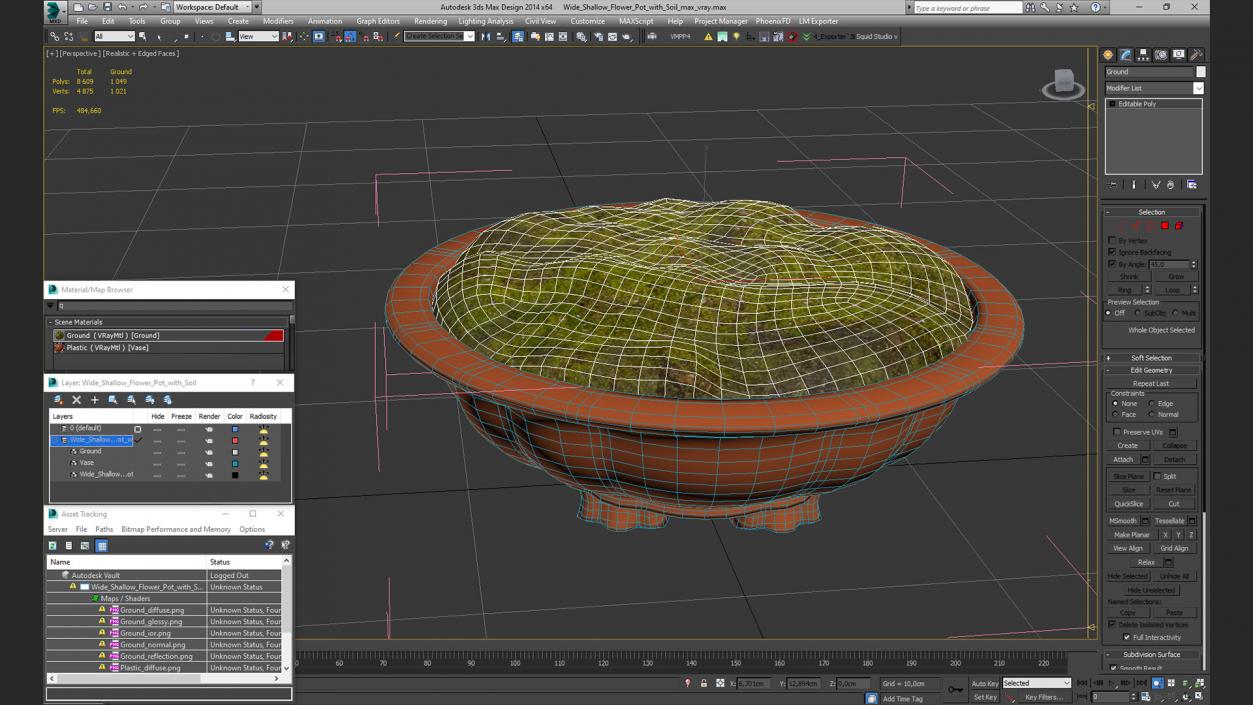 3D Wide Shallow Flower Pot with Soil model