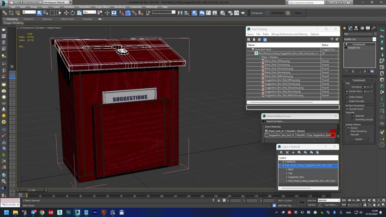 3D Red Wood Locking Suggestion Box with Card 2 model