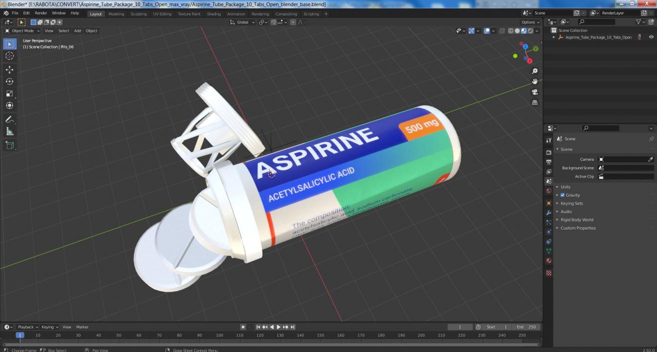 3D Aspirine Tube Package 10 Tabs Open 2