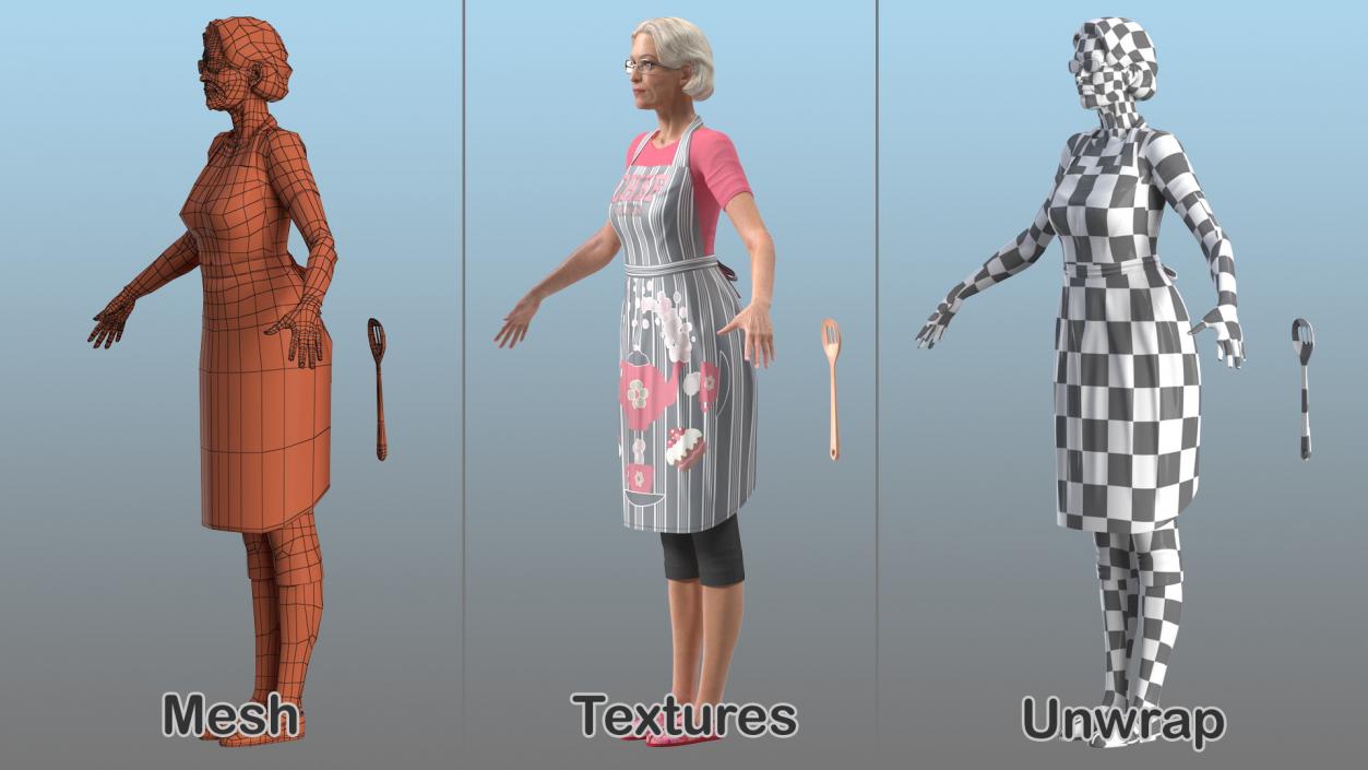 Elderly Woman in Kitchen Apron T Pose 3D