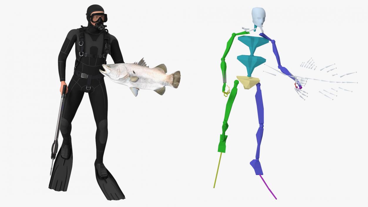 3D model Diver with Underwater Speargun and Fish Rigged for Maya