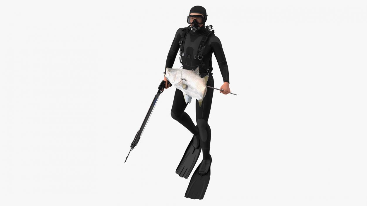 3D Diver with Underwater Speargun and Fish Rigged