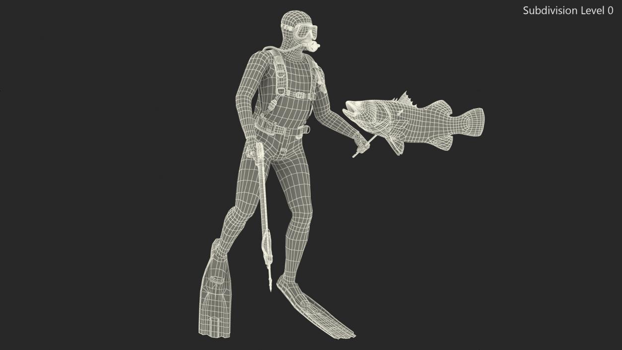 3D model Diver with Underwater Speargun and Fish Rigged for Maya