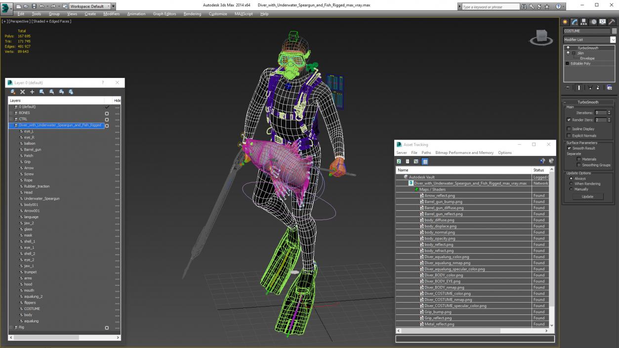 3D model Diver with Underwater Speargun and Fish Rigged for Maya