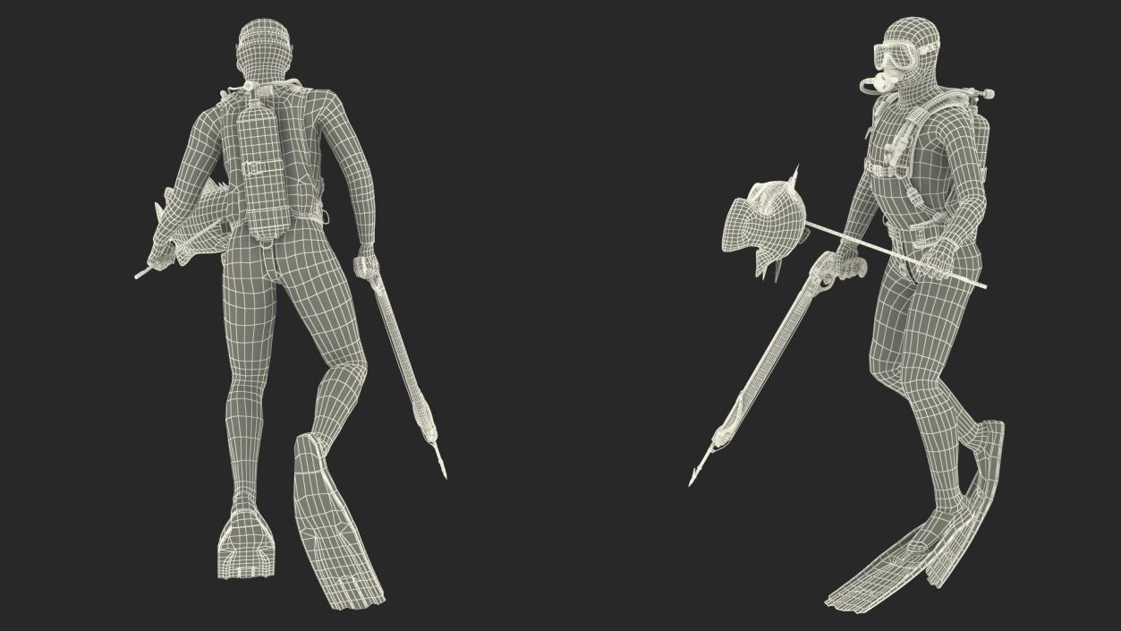 3D model Diver with Underwater Speargun and Fish Rigged for Maya