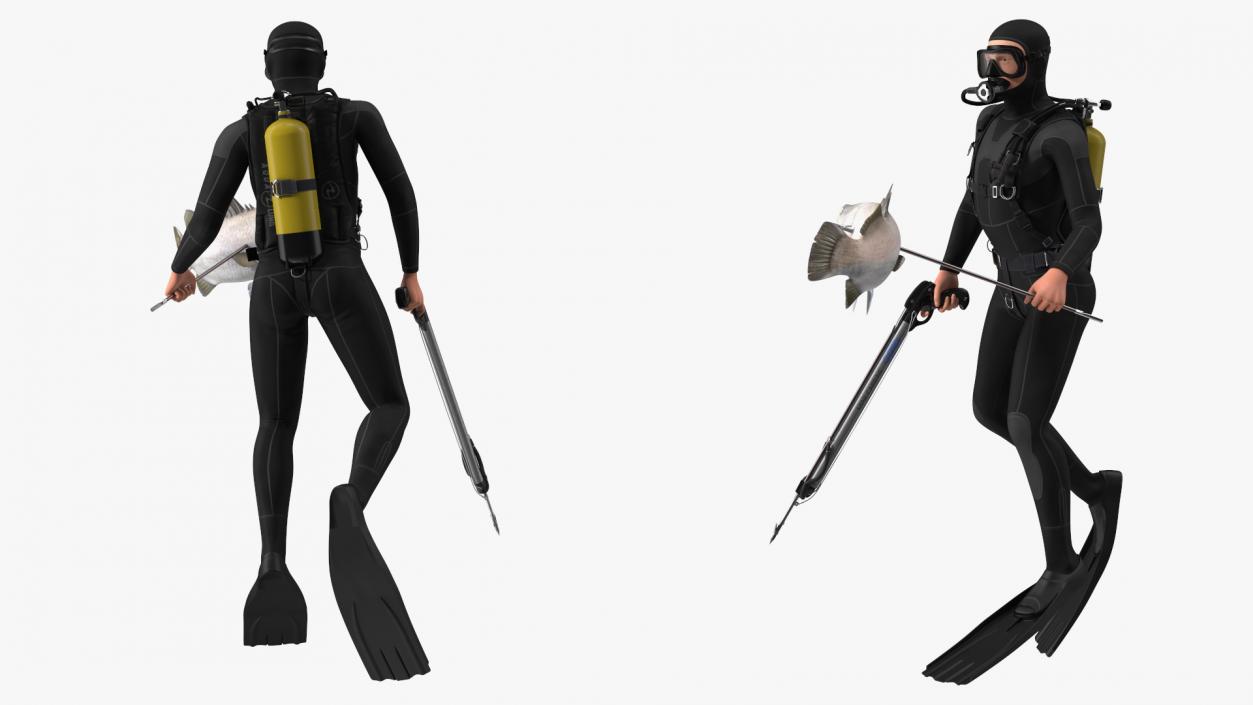 3D Diver with Underwater Speargun and Fish Rigged