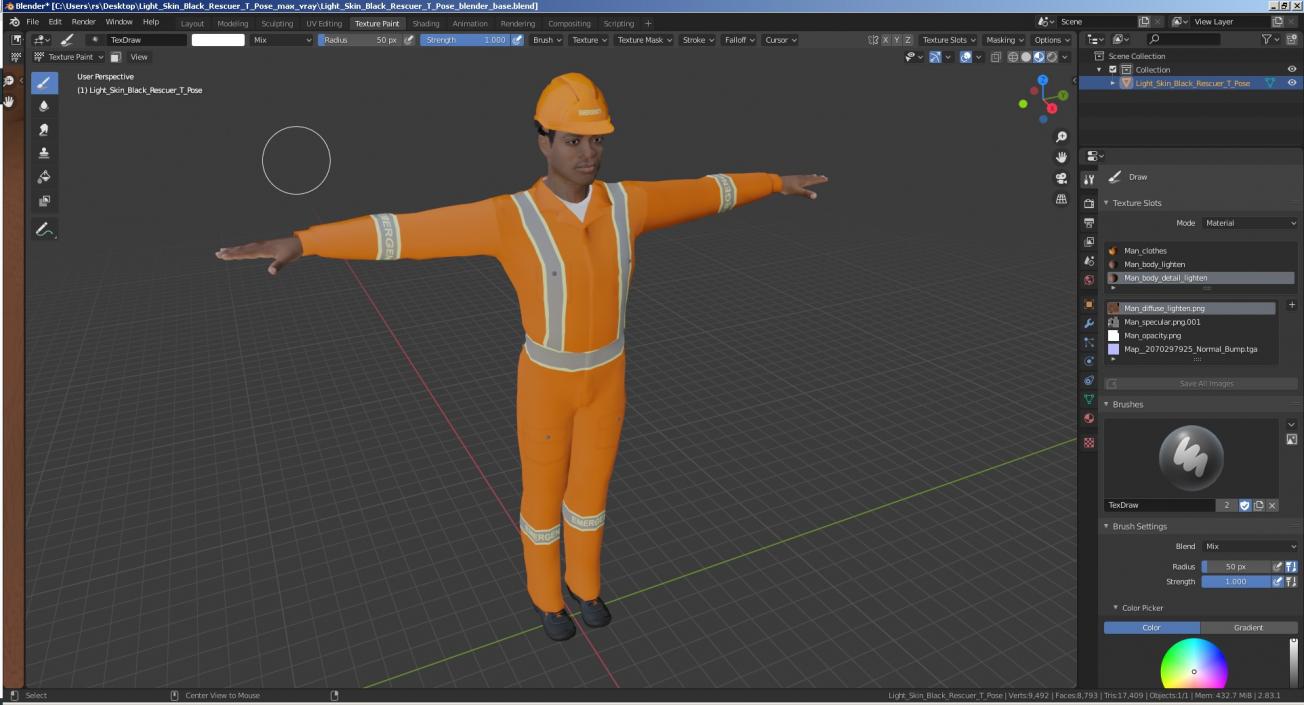 3D Light Skin Black Rescuer T Pose