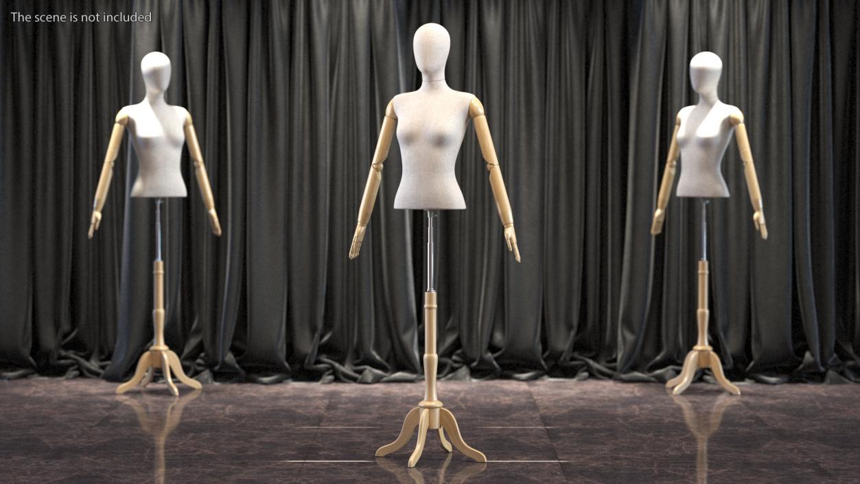 3D model Female Flexible Half Body Mannequin Torso with Wooden Base Rigged