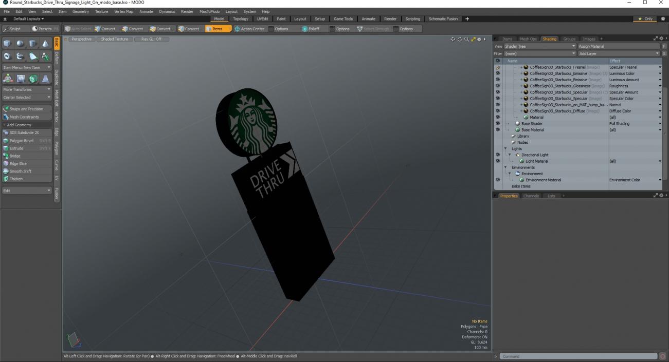 3D Round Starbucks Drive Thru Signage Light On model