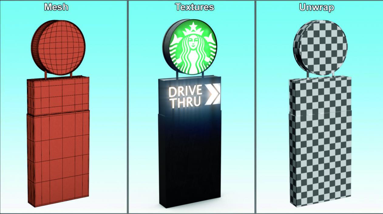 3D Round Starbucks Drive Thru Signage Light On model