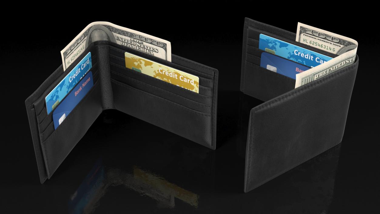 3D model Leather Wallet with Card and Dollar