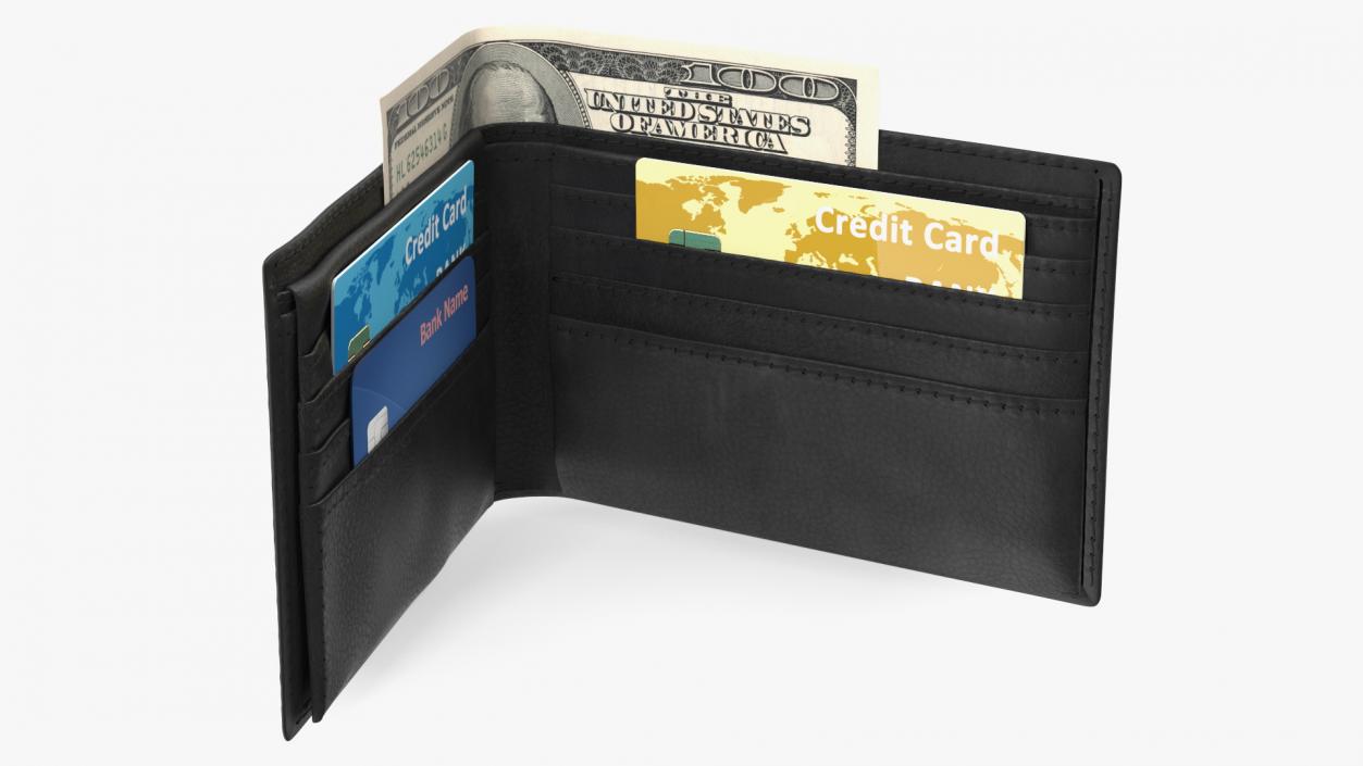 3D model Leather Wallet with Card and Dollar