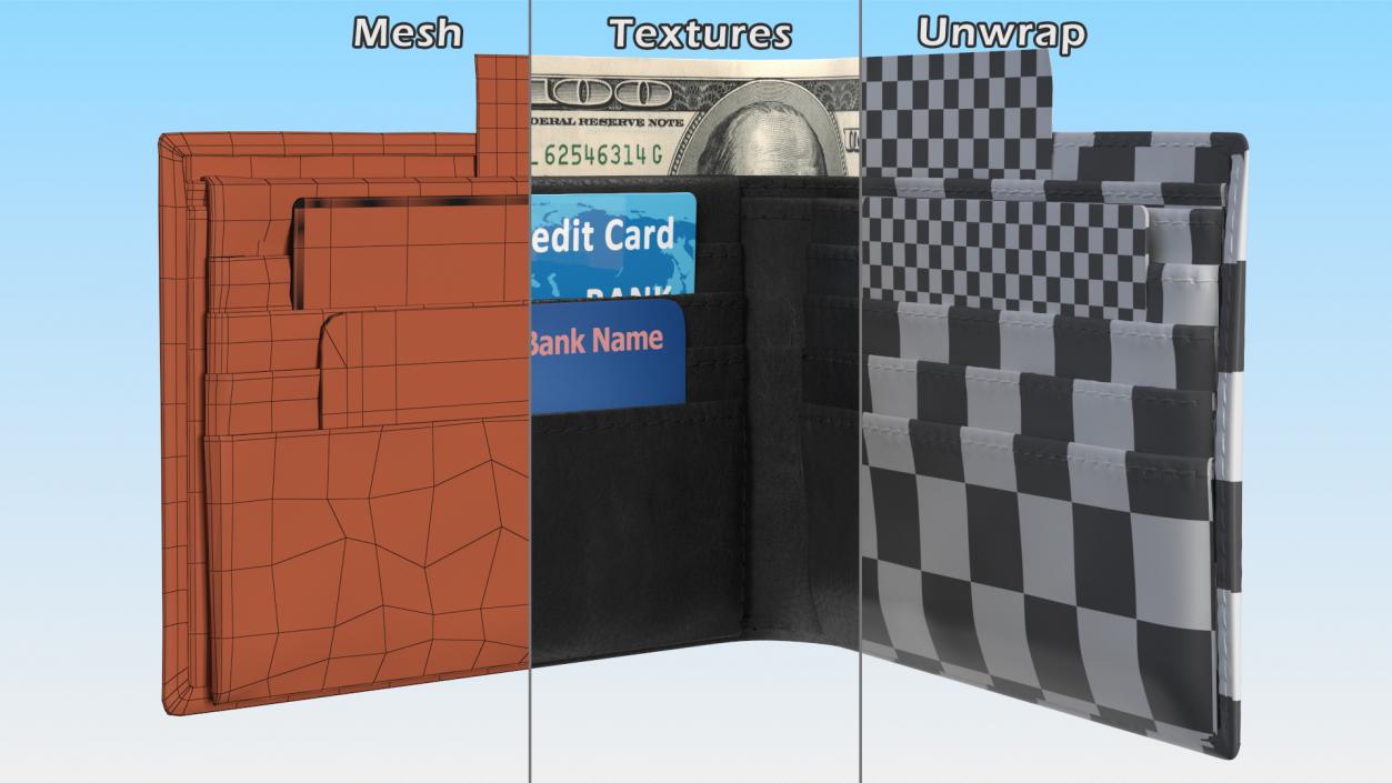 3D model Leather Wallet with Card and Dollar