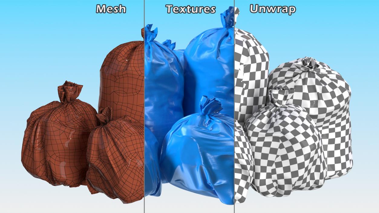 Tied Closed Blue Plastic Rubbish Bags 3D