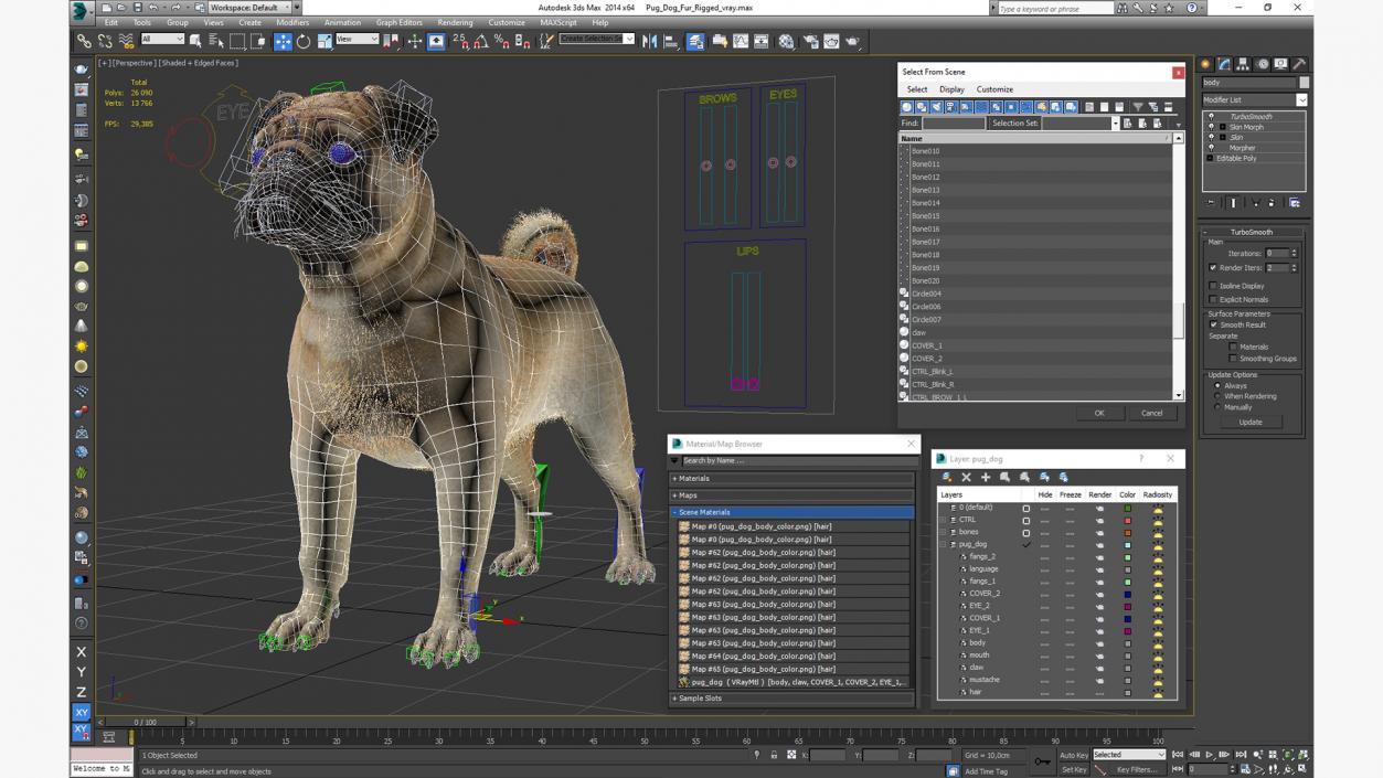 3D Pug Dog Fur Rigged model