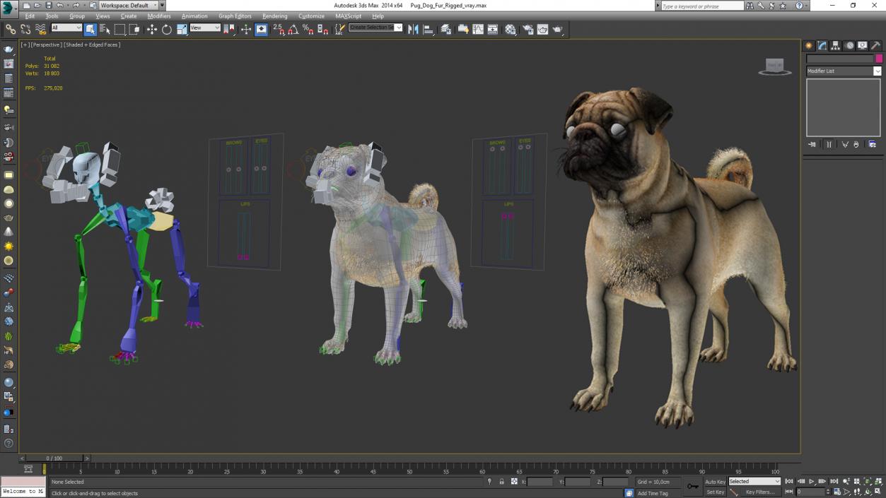 3D Pug Dog Fur Rigged model