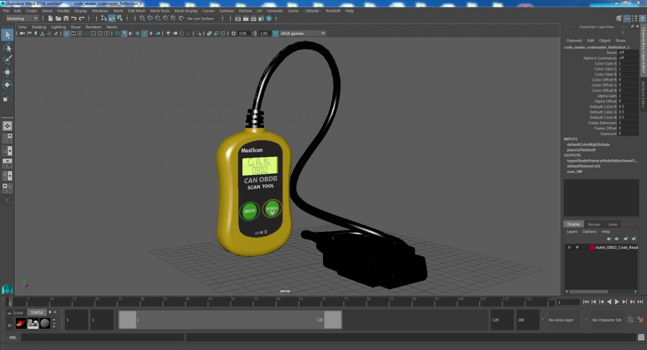 3D OBD2 Code Reader Yellow Vertical Position