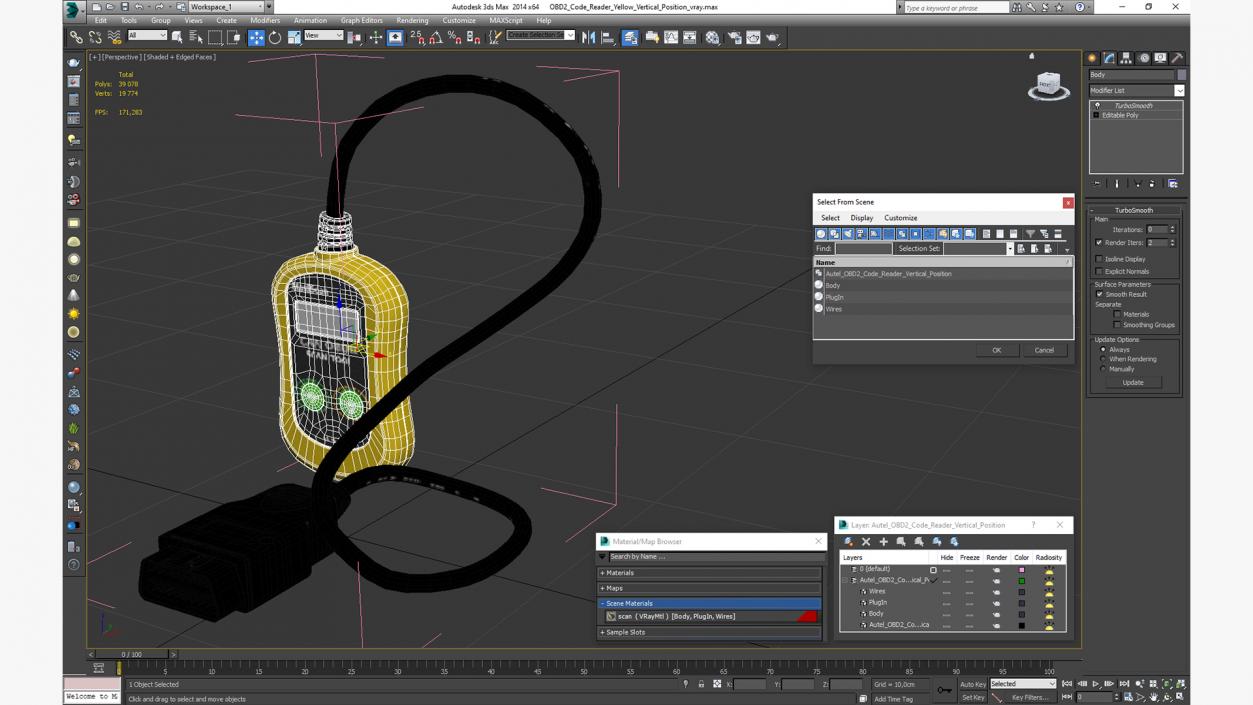 3D OBD2 Code Reader Yellow Vertical Position