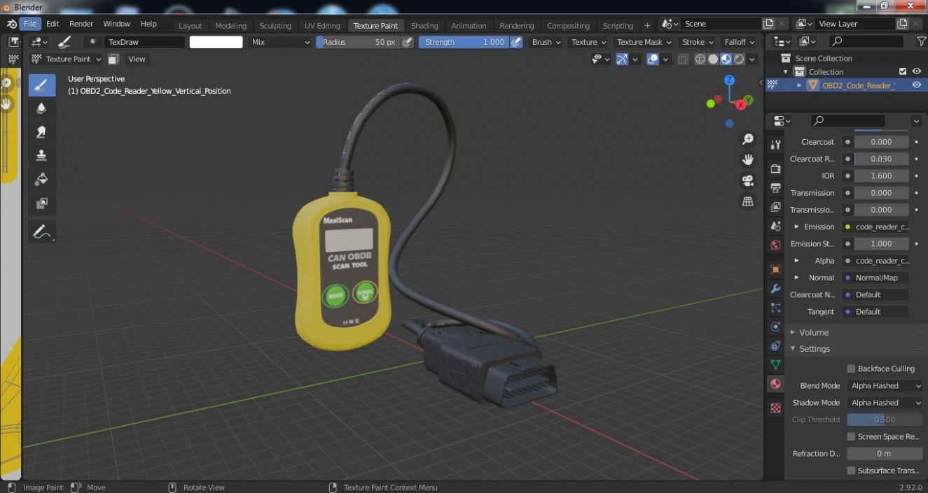 3D OBD2 Code Reader Yellow Vertical Position