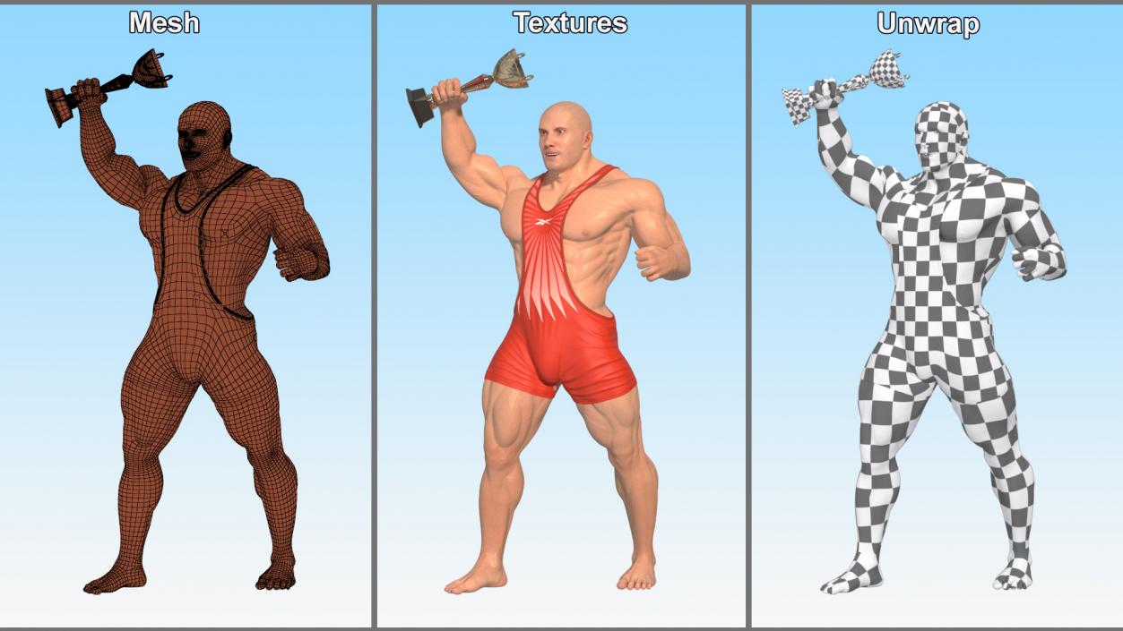 3D Bodybuilder and Trophy Cup in Reebok Red Singlet model