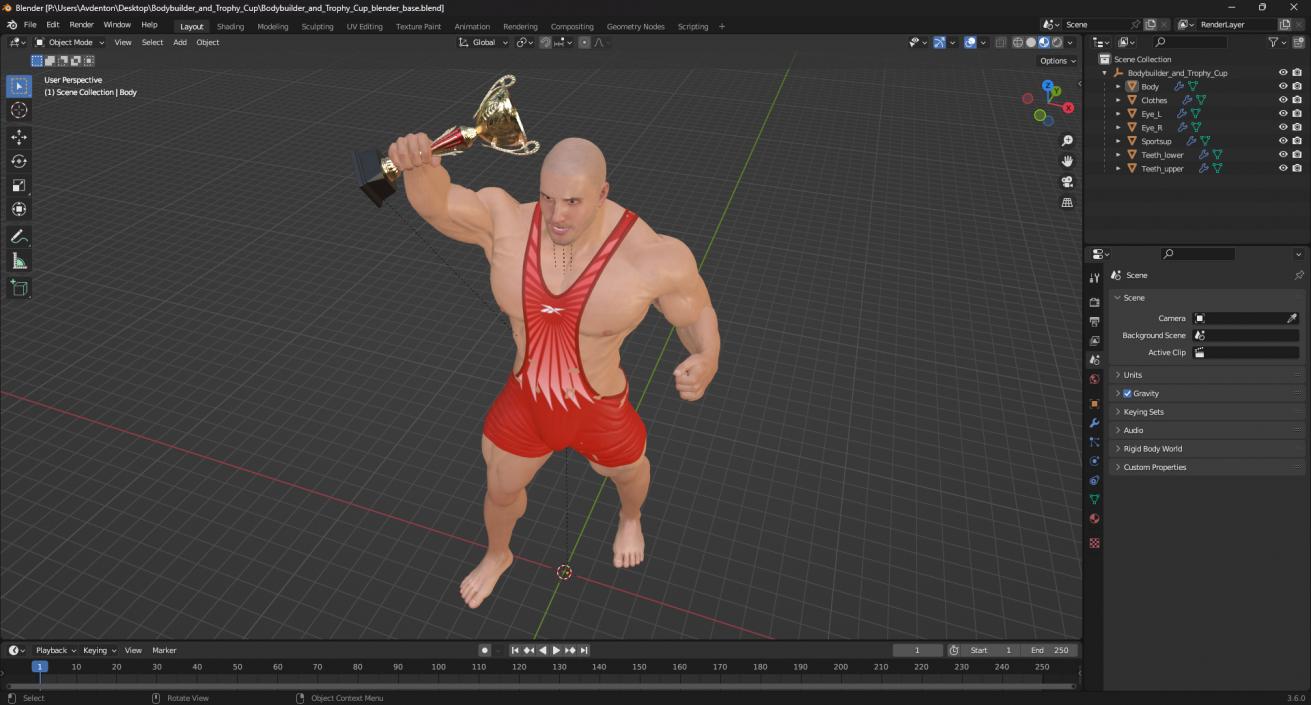 3D Bodybuilder and Trophy Cup in Reebok Red Singlet model