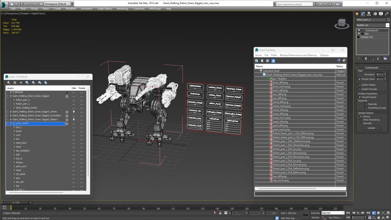 Giant Walking Robot Green Rigged 3D