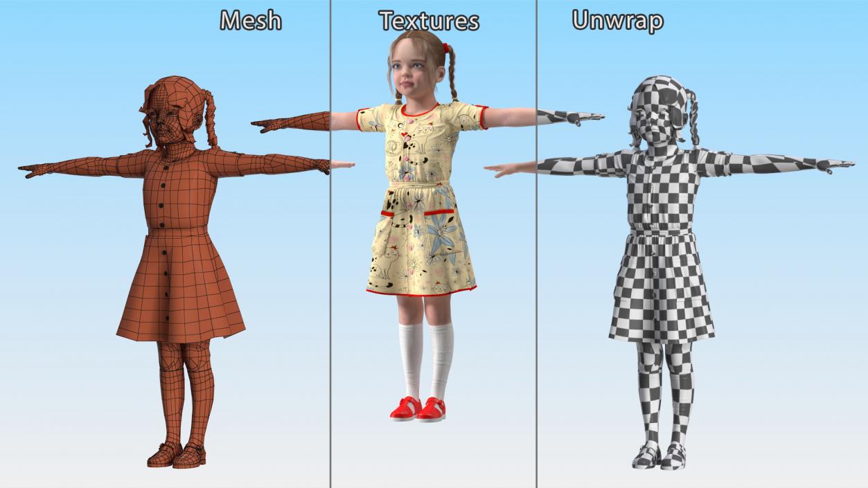 3D Child Girl in Dress T-Pose